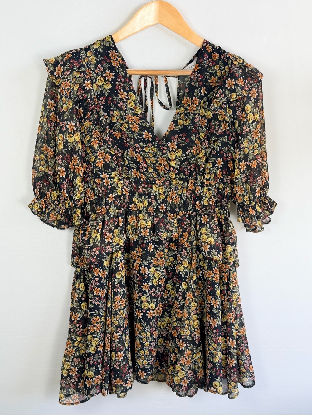 Topshop US 8 Black Marigold Floral Ruffle Mini Dress Open Back NWT